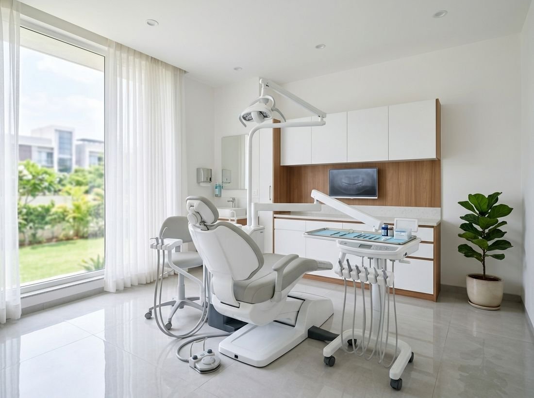 A bright, clean dental treatment room with a dental chair and overhead light