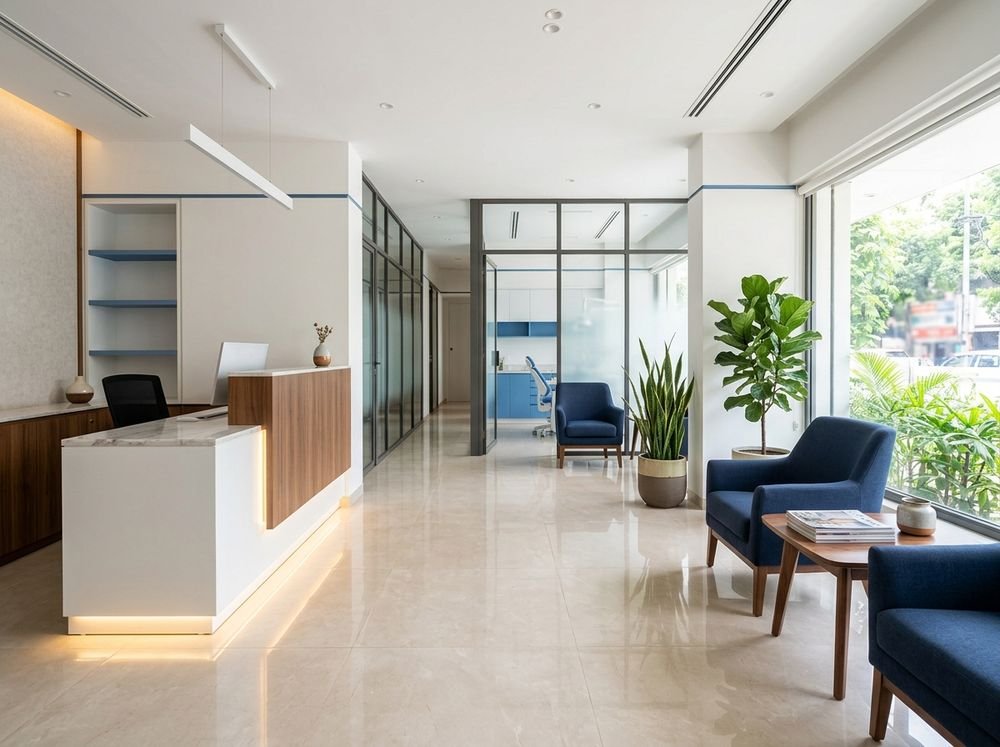 The reception desk and waiting area of a dental clinic