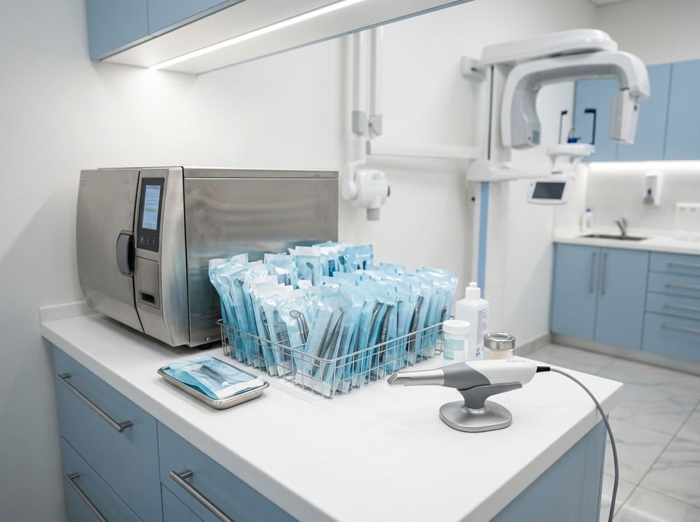 Dental instruments in sealed sterilisation pouches beside an autoclave