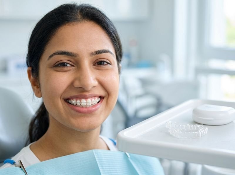Ceramic braces and clear aligner trays used to straighten teeth