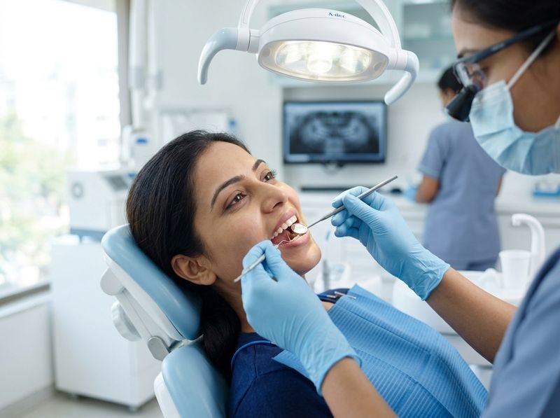 A dentist examining a patient’s teeth with a mouth mirror during a check-up