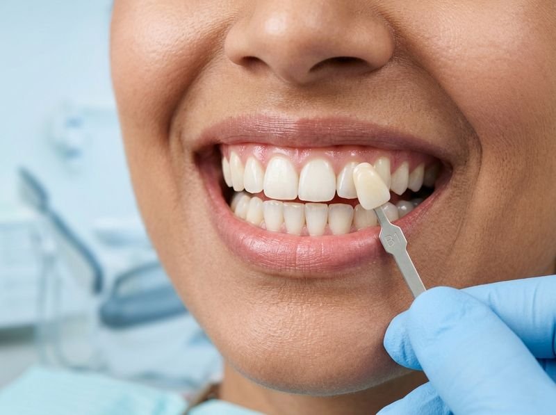 A dental shade guide held beside clean, polished teeth