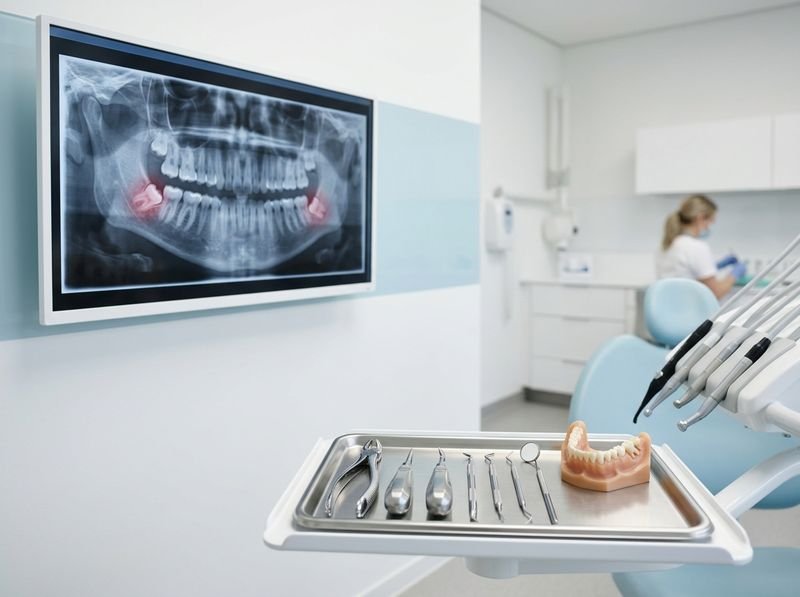 A dental X-ray displayed on a screen beside a tray of sterile instruments